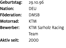 Geburtstag: 29.10.96 Nation: DEU F deration: DMSB Motorrad: KTM Bewerber: KTM Sarholz Racing Team Aktiv seit: 2000