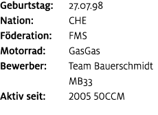 Geburtstag: 27.07.98 Nation: CHE F deration: FMS Motorrad: GasGas Bewerber: Team Bauerschmidt MB33 Aktiv seit: 2005 5...