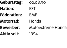 Geburtstag: 02.08.90 Nation: EST F deration: EMF Motorrad: Honda Bewerber: Motoextreme Honda Aktiv seit: 1994