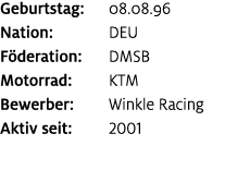 Geburtstag: 08.08.96 Nation: DEU F deration: DMSB Motorrad: KTM Bewerber: Winkle Racing Aktiv seit: 2001