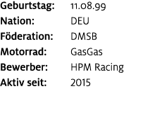 Geburtstag: 11.08.99 Nation: DEU F deration: DMSB Motorrad: GasGas Bewerber: HPM Racing Aktiv seit: 2015