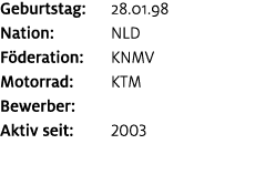 Geburtstag: 28.01.98 Nation: NLD F deration: KNMV Motorrad: KTM Bewerber: ﻿﻿ Aktiv seit: 2003