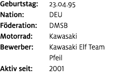 Geburtstag: 23.04.95 Nation: DEU F deration: DMSB Motorrad: Kawasaki Bewerber: Kawasaki Elf Team Pfeil Aktiv seit: 2001