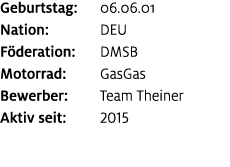 Geburtstag: 06.06.01 Nation: DEU F deration: DMSB Motorrad: GasGas Bewerber: Team Theiner Aktiv seit: 2015
