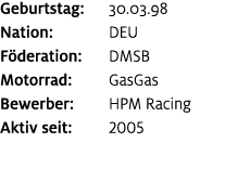 Geburtstag: 30.03.98 Nation: DEU F deration: DMSB Motorrad: GasGas Bewerber: HPM Racing Aktiv seit: 2005
