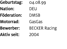 Geburtstag: 04.08.99 Nation: DEU F deration: DMSB Motorrad: GasGas Bewerber: BECKER Racing Aktiv seit: 2004