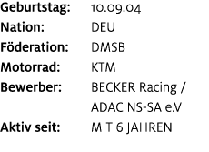 Geburtstag: 10.09.04 Nation: DEU F deration: DMSB Motorrad: KTM Bewerber: BECKER Racing / ADAC NS SA e.V Aktiv seit: ...