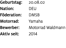 Geburtstag: 20.08.02 Nation: DEU F deration: DMSB Motorrad: Yamaha Bewerber: Motorrad Waldmann Aktiv seit: 2014