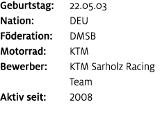 Geburtstag: 22.05.03 Nation: DEU F deration: DMSB Motorrad: KTM Bewerber: KTM Sarholz Racing Team Aktiv seit: 2008