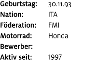 Geburtstag: 30.11.93 Nation: ITA F deration: FMI Motorrad: Honda Bewerber: ﻿﻿ Aktiv seit: 1997