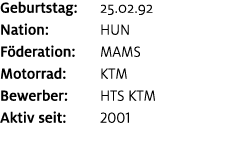 Geburtstag: 25.02.92 Nation: HUN F deration: MAMS Motorrad: KTM Bewerber: HTS KTM Aktiv seit: 2001