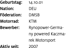 Geburtstag: 14.10.01 Nation: DEU F deration: DMSB Motorrad: KTM Bewerber: Rynopower Germany powered Kaczmarek Motorsp...