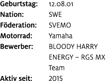 Geburtstag: 12.08.01 Nation: SWE F deration: SVEMO Motorrad: Yamaha Bewerber: BLOODY HARRY ENERGY – RGS MX Team Aktiv...
