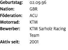 Geburtstag: 02.09.96 Nation: GBR F deration: ACU Motorrad: KTM Bewerber: KTM Sarholz Racing Team Aktiv seit: 2001