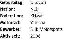 Geburtstag: 01.02.01 Nation: NLD F deration: KNMV Motorrad: Yamaha Bewerber: SHR Motorsports Aktiv seit: 2008