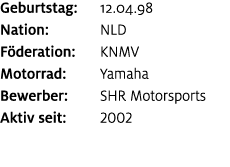 Geburtstag: 12.04.98 Nation: NLD F deration: KNMV Motorrad: Yamaha Bewerber: SHR Motorsports Aktiv seit: 2002