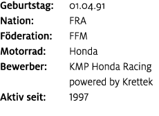 Geburtstag: 01.04.91 Nation: FRA F deration: FFM Motorrad: Honda Bewerber: KMP Honda Racing powered by Krettek Aktiv ...